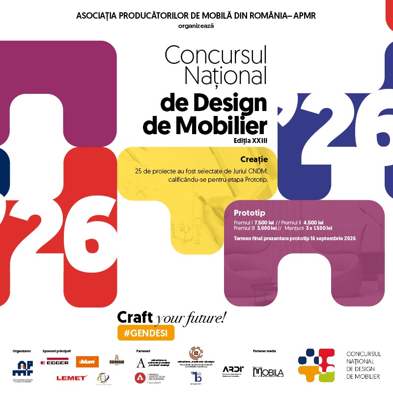 Concursul Național de Design de Mobilier – CNDM 2026 – 25 de proiecte s-au calificat în etapa PROTOTIP